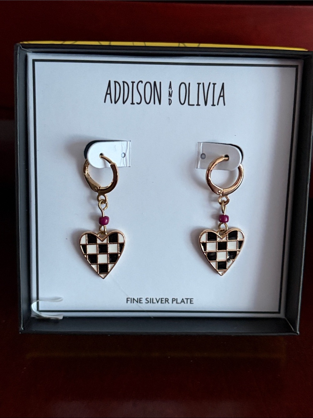 Black & White Checkered Goldtone Heart Drop Earrings